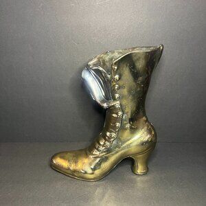 Vintage Victorian Cast Iron Brass-Plated Decorative Ladies Boot Planter Vase